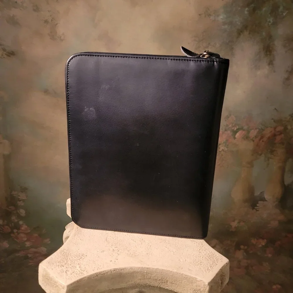 Black Day Timer Cover Smooth Leather Dual Zip Medium Size 7 Rings Organizer